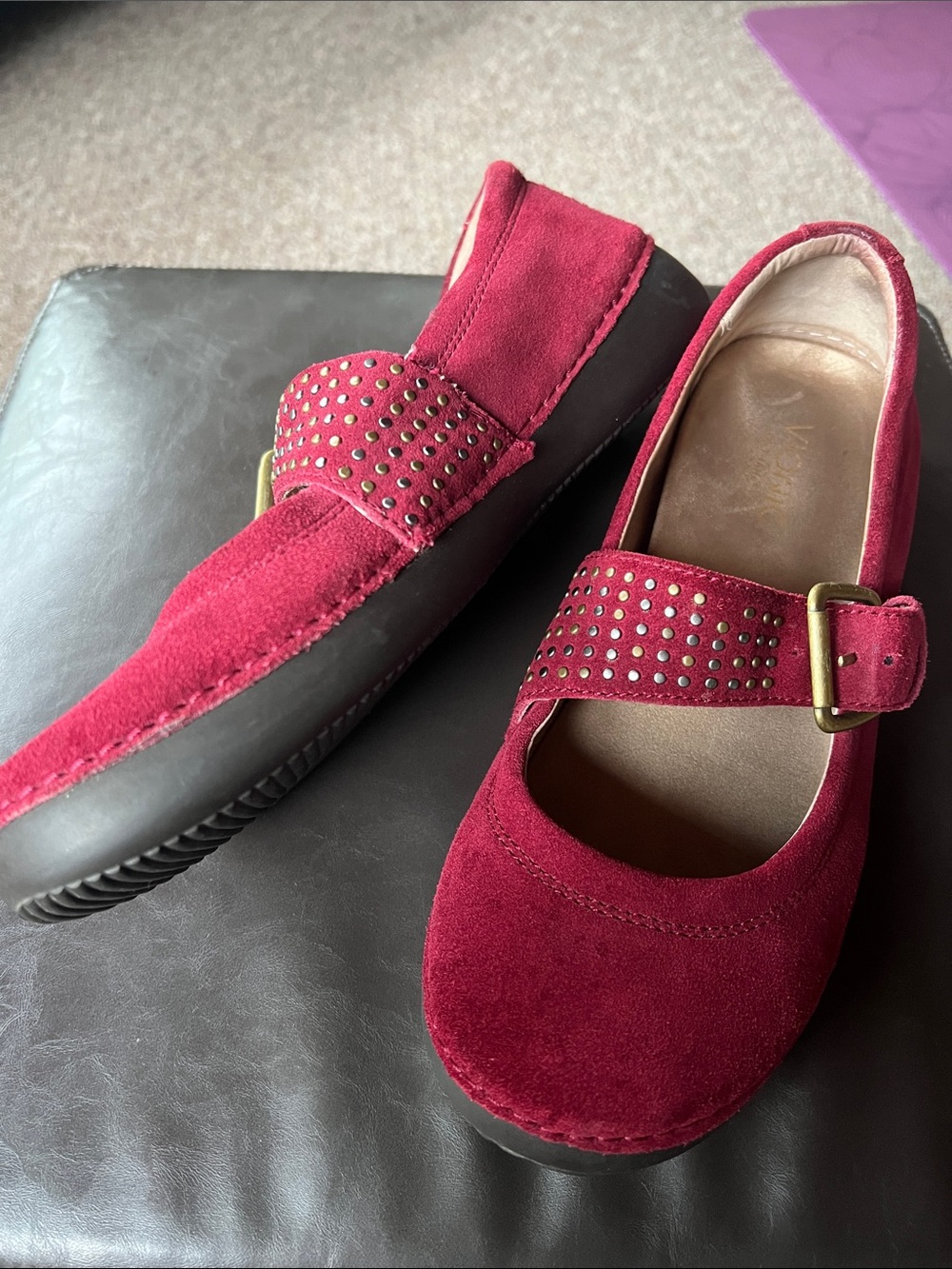 Vionic Burgundy Suede Mary Jane Shoes with Studded Strap - Picture 2 of 8